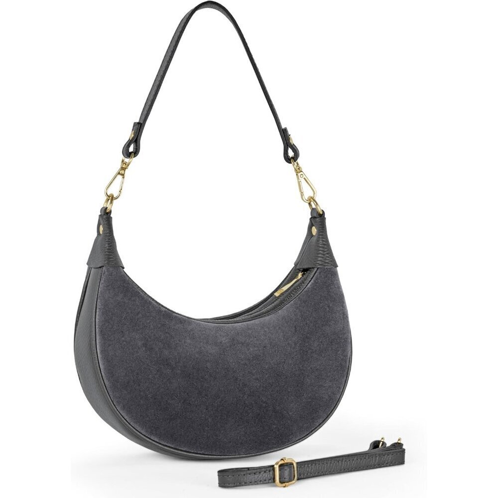 Genuine Suede Shoulder Bag Women Crescent Style Mixed Leather Compact